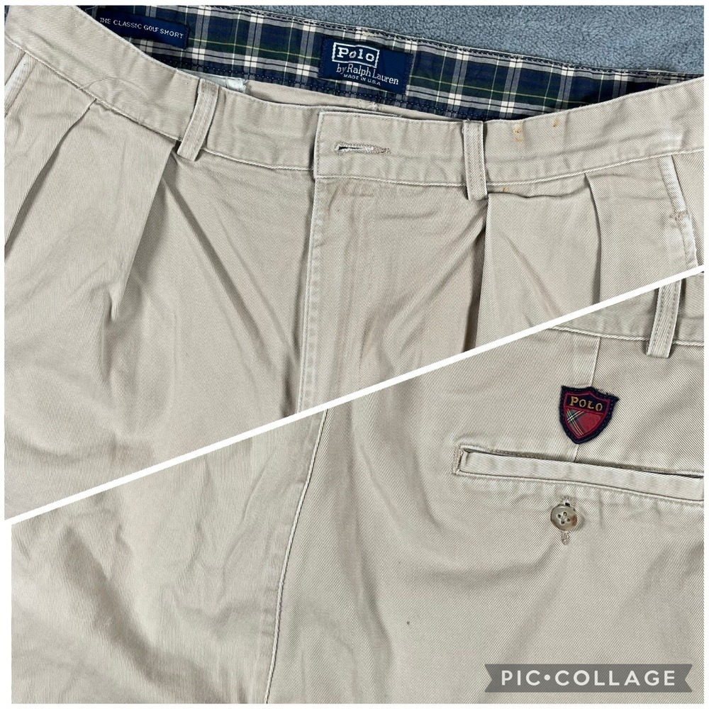 VTG Polo Ralph Lauren Mens 32 Classic Golf Short Beige Pleated Chino‎ Plaid USA